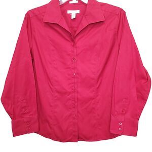 Chico's No-Iron Cotton Red Long Sleeve Button-Up Top Size 2 (Large)